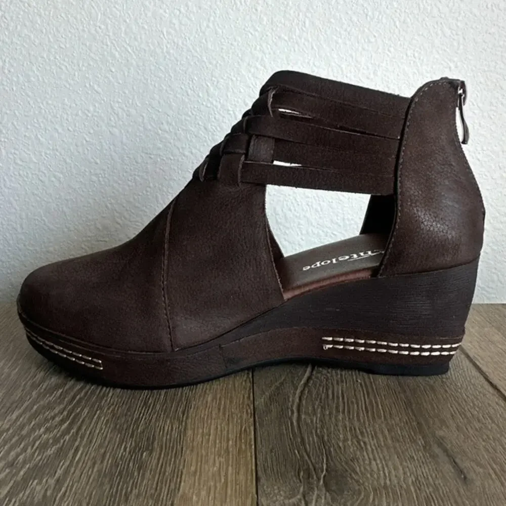 Antelope Tamra N03 Coffee Leather Woven Wedge Bootie Cutout Zip Women Size 6 37